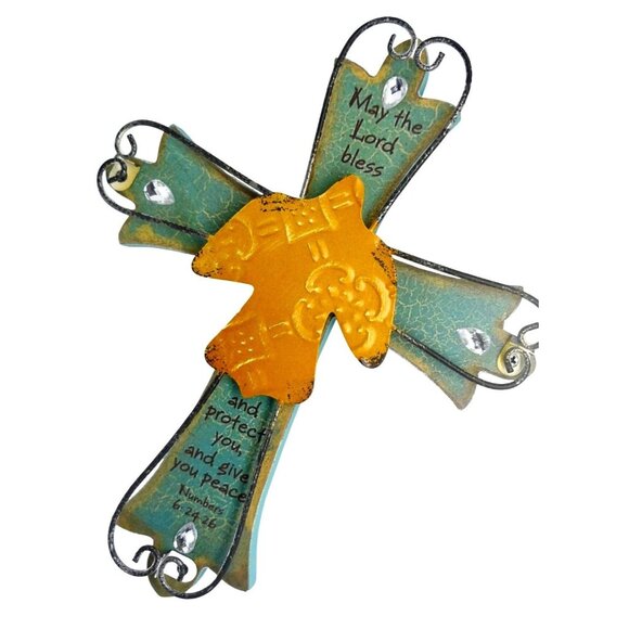 Decor Cross Wall Hanging w Dove & Blessing 9"x7" Turquoise & Gold Cross-CroiX - Picture 2 of 4